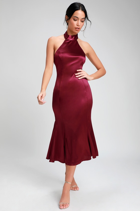 red satin halter neck dress