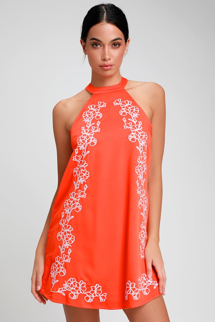 Fun Coral Orange Dress - Halter Dress - Embroidered Dress - Shift - Lulus