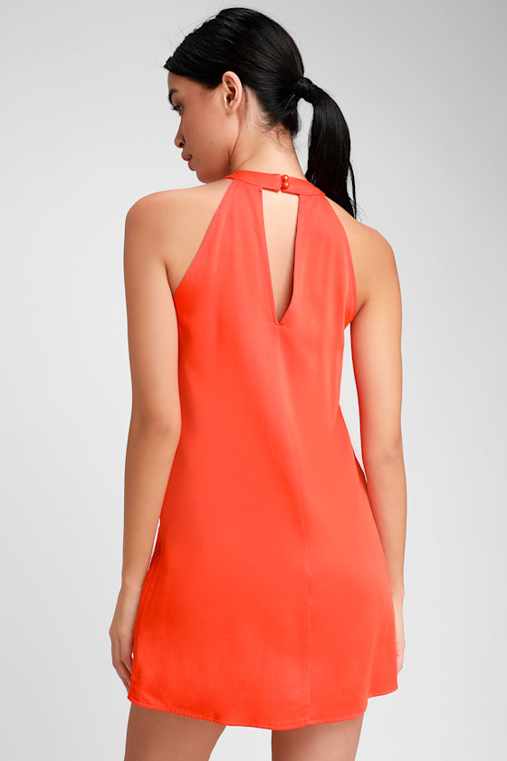 Fabiola Coral Orange Embroidered Halter Shift Dress 2