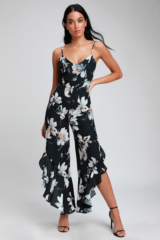 Charcoal Grey Jumpsuit Floral Print Ruffled Jumpsuit Jumpsuit Lulus