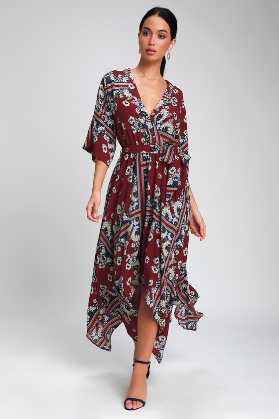 Boho Burgundy Print Dress - Midi Dress - Handkerchief Hem Dress - Lulus