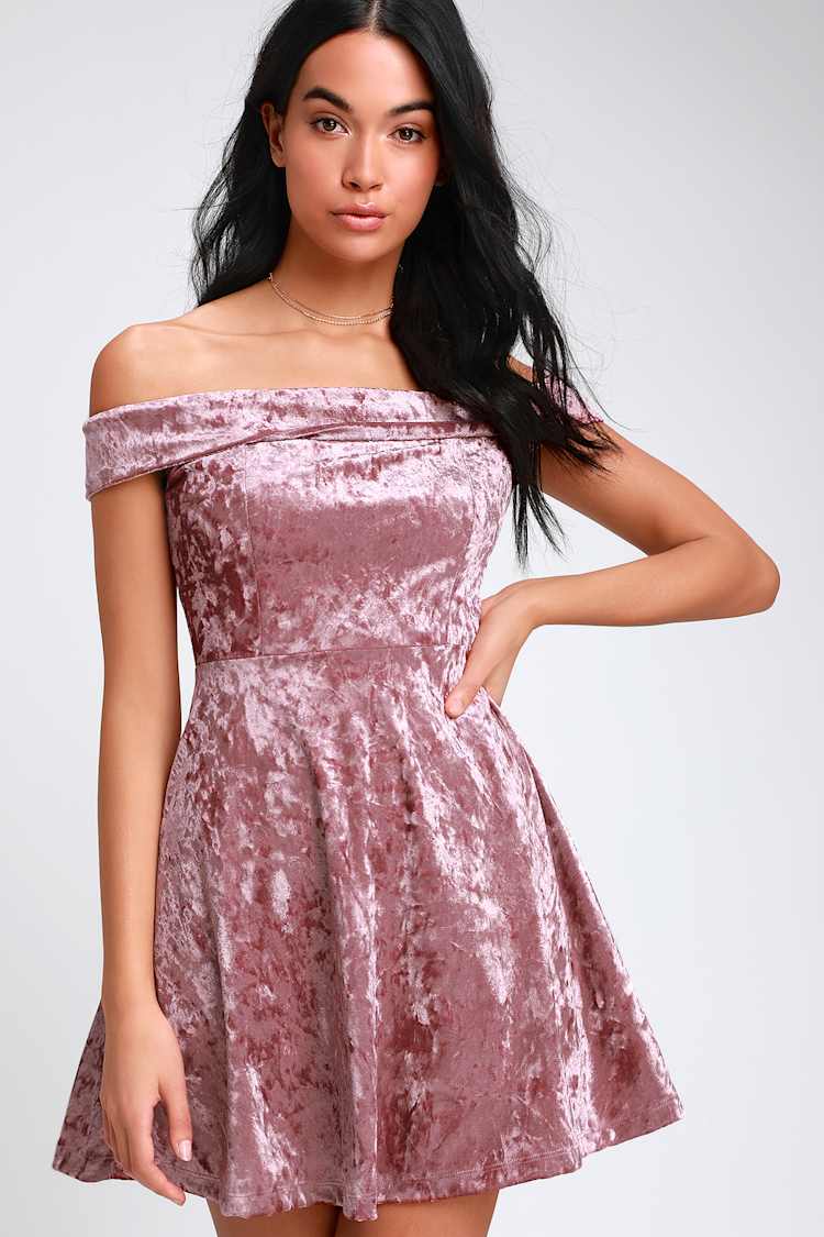 off the shoulder velvet skater dress ASOS DESIGN velvet off shoulder skater mini dress in berry