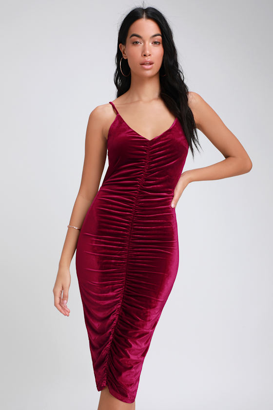 Catherine Wine Red Velvet Ruched Bodycon Midi Dress 1