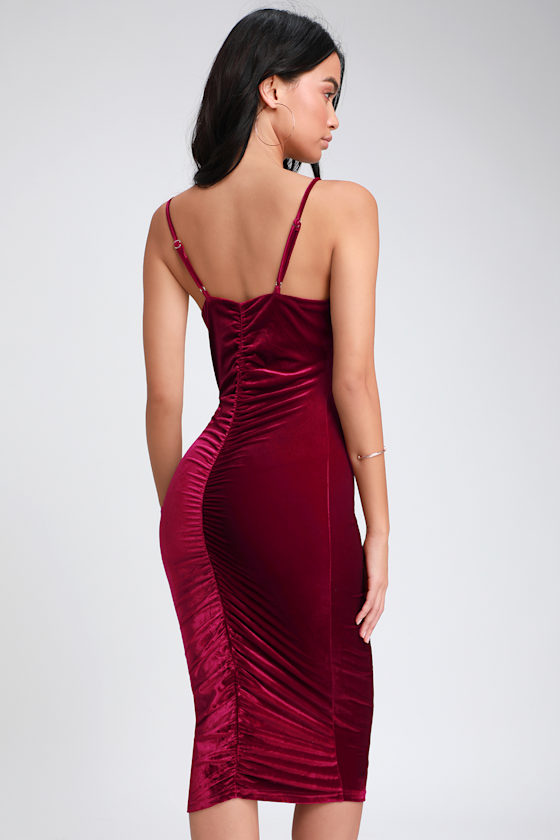 Catherine Wine Red Velvet Ruched Bodycon Midi Dress 2