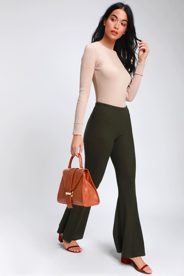 Lulus - Olive Green Ribbed Knit Pants - Ribbed Flare Pants