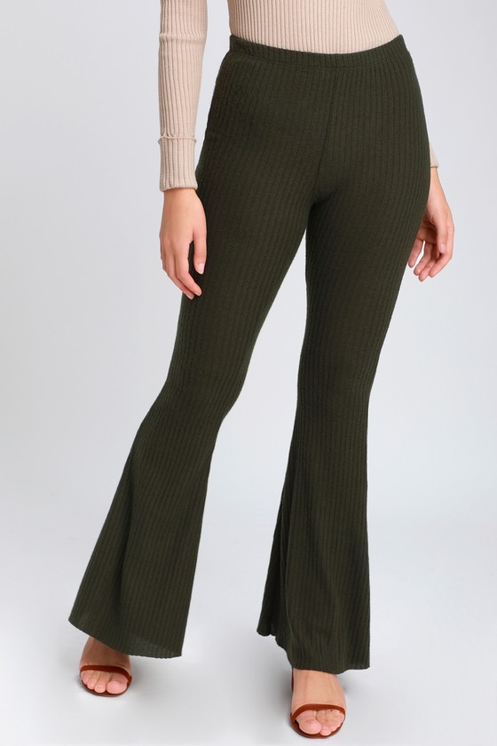 Lulus - Olive Green Ribbed Knit Pants - Ribbed Flare Pants