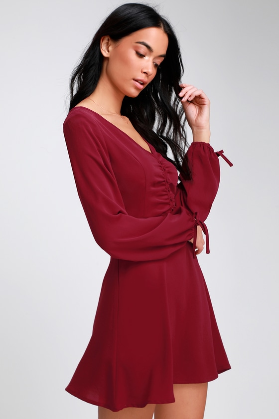 Cute Wine Red Skater Dress - Skater Dress - Long Sleeve Dress - Lulus