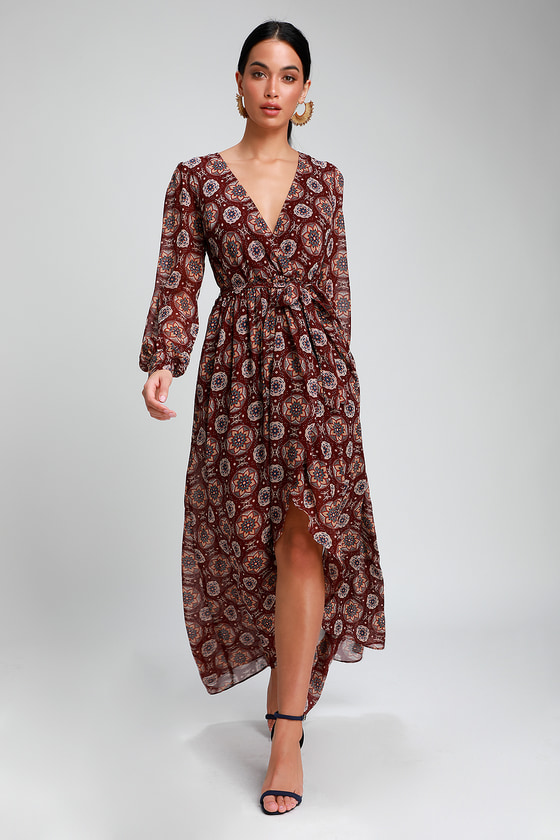 Boho Burgundy Dress - High-Low Dress - Long Sleeve Dress - Lulus