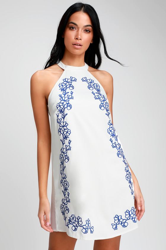 Fabiola White Embroidered Halter Shift Dress