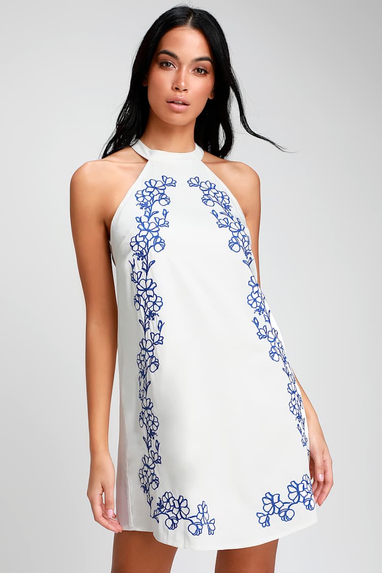 Fun White Dress - Halter Dress - Embroidered Dress - Shift - Lulus