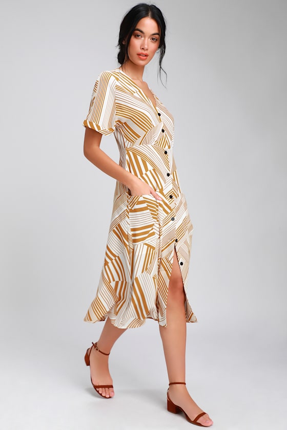 Murni Mustard Yellow Print Button-Up Midi Dress 2