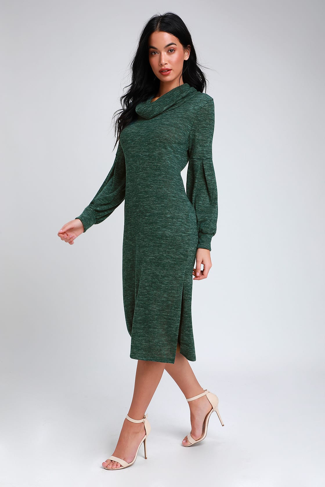 Heathered Dark Green Midi Dress - Cowl Neck Dress - Sweater Dress - Lulus