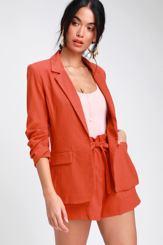LUSH - Coral Red Blazer - Linen Blazer 