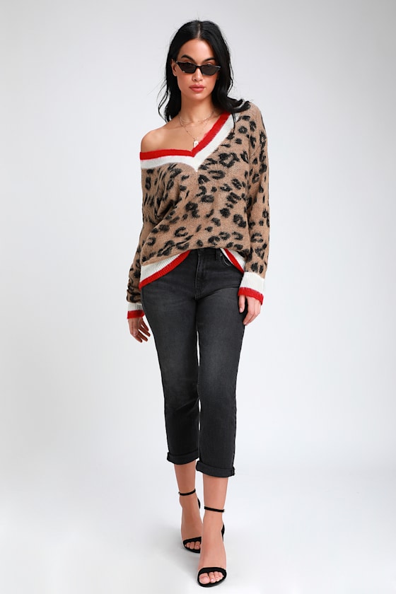 Style Instinct Leopard Print Color Block V-Neck Sweater