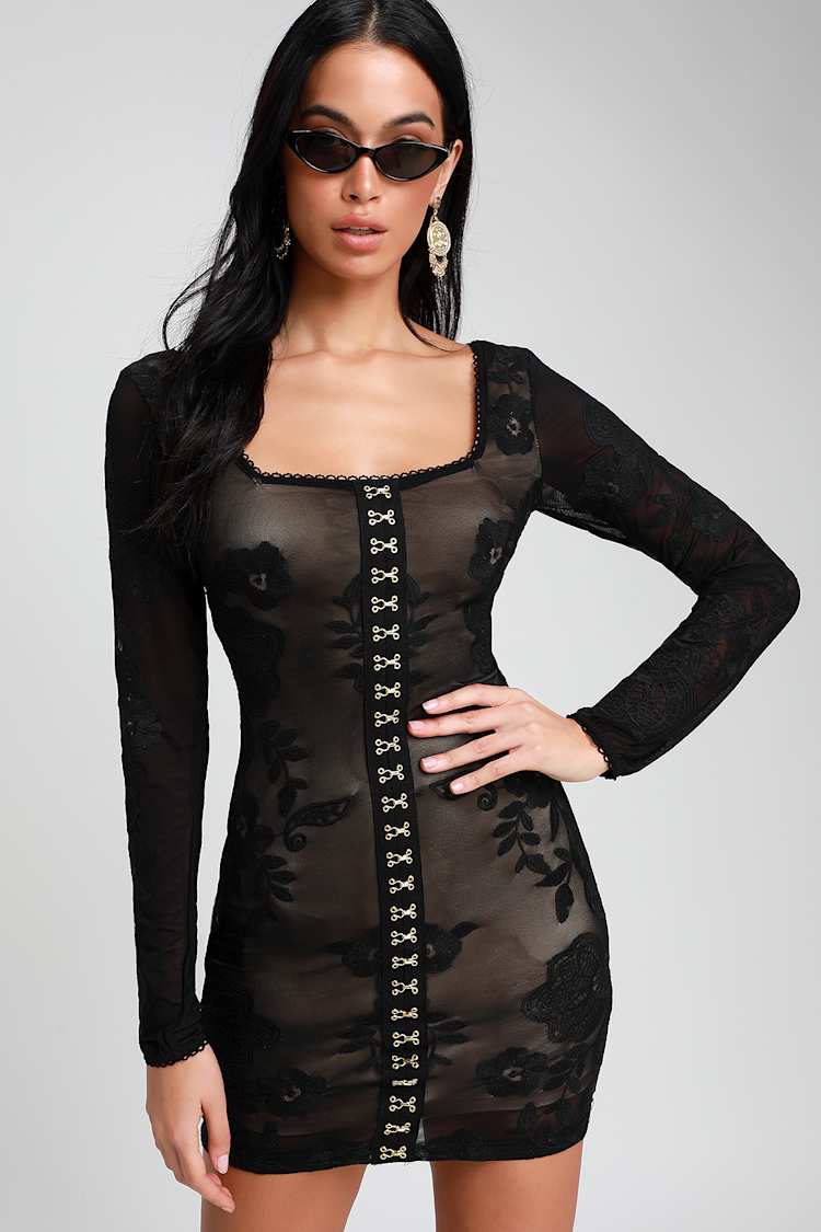 Honey Punch Dress - Black Lace Bodycon Dress - Long Sleeve Dress - Lulus