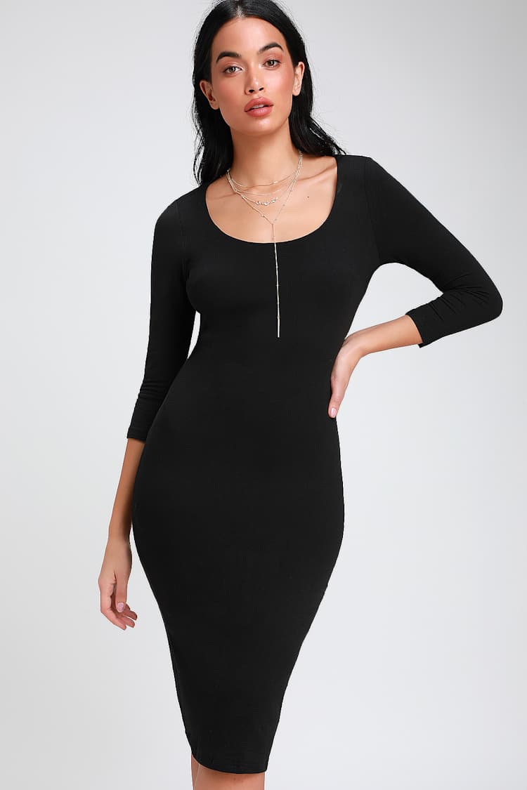 Cute Black Dress - Black Bodycon Dress - Black Midi Dress - Lulus