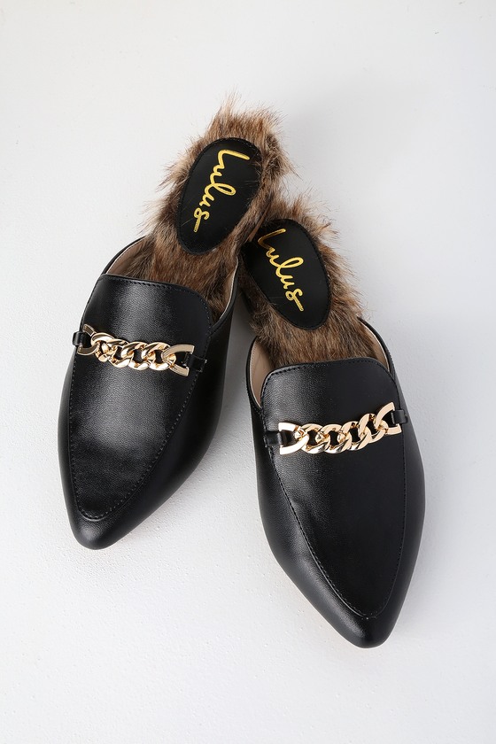 black faux fur loafer slides