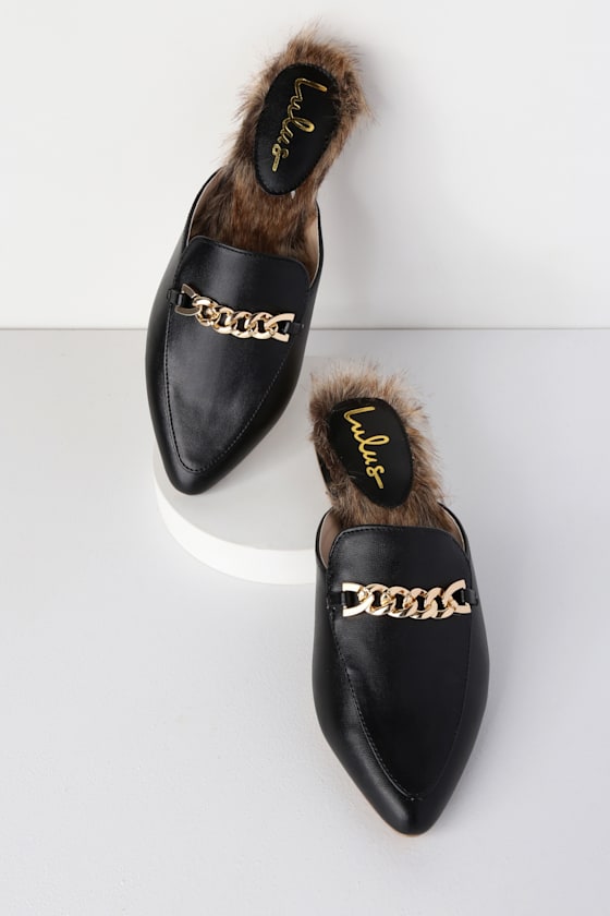 Lulus Antonia 2 Black Loafer Slides Faux Fur Loafer Slides