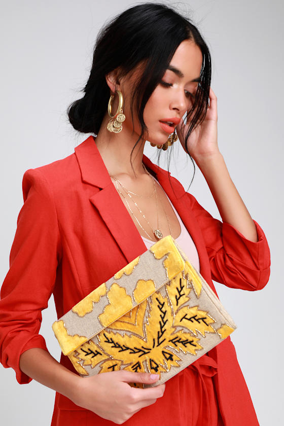 Meadows Beige and Mustard Yellow Velvet Embroidered Clutch 1