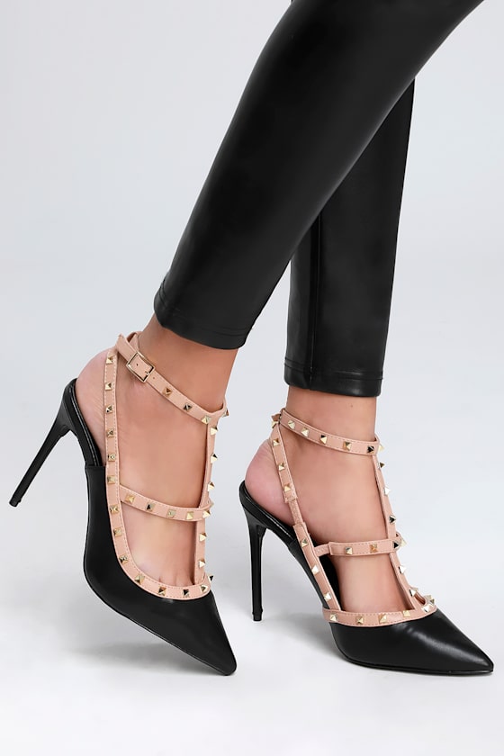 Vanek Black Studded Pointed-Toe Pumps 1
