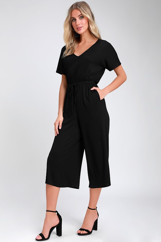 Cute Black Jumpsuit Ribbed Jumpsuit Short Sleeve Jumpsuit Lulus