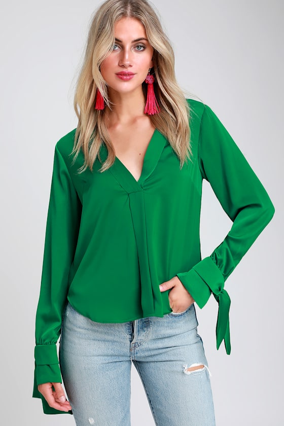 Biz Babe Green Satin Tie-Sleeve Top 2