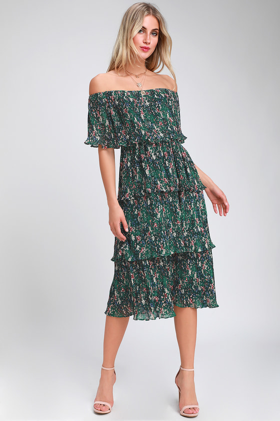 off shoulder green floral dress