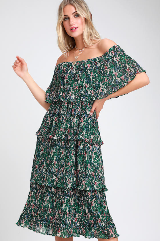 Gala Ready Green Floral Print Off-the-Shoulder Ruffle Midi Dress 2