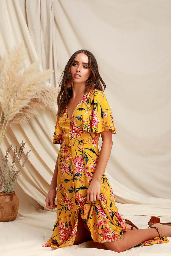 yellow floral high low dress