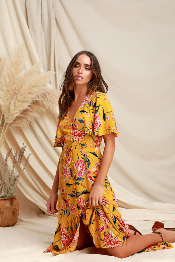 Cute Mustard Dress - Yellow Floral Print Dress - High-Low Dress - Lulus