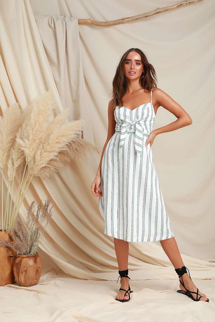 LUSH - Green and White Striped Midi Dress - Tie-Front Midi Dress - Lulus