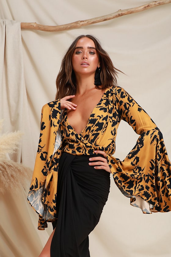 Wild Nights Golden Yellow Leopard Print Bell Sleeve Bodysuit 6