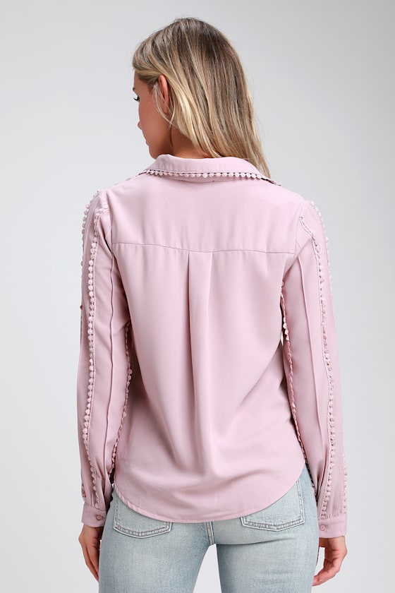 On A Whimsy Lavender Crochet Long Sleeve Button-Up Top 2