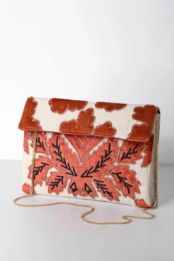 Joyful Days Beige and Rusty Rose Velvet Floral Clutch 1