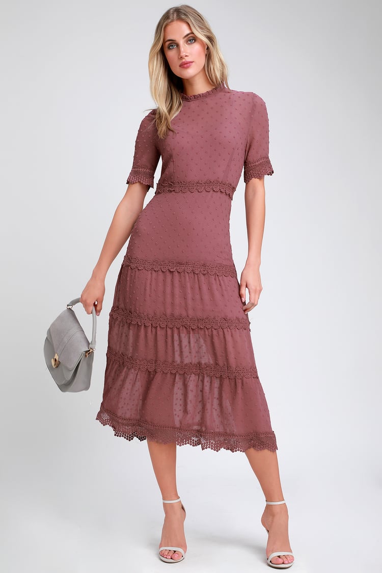 Pretty Mauve Purple Dress - Swiss Dot Dress - Lace Midi Dress - Lulus