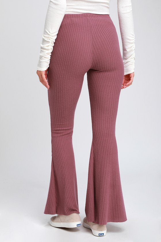 Lulus - Mauve Purple Ribbed Knit Pants - Ribbed Flare Pants