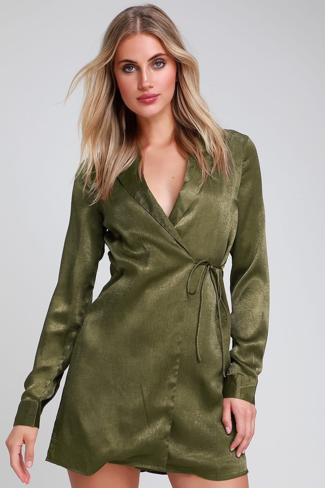 Chic Olive Green Dress - Satin Dress - Blazer Dress - Wrap Dress - Lulus