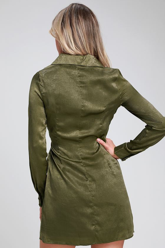 Feel So Lucky Olive Green Satin Wrap Blazer Dress 2