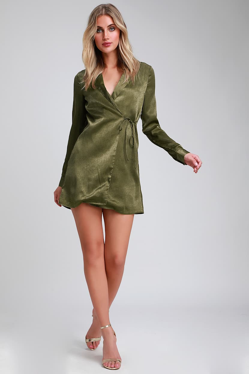 Chic Olive Green Dress - Satin Dress - Blazer Dress - Wrap Dress - Lulus