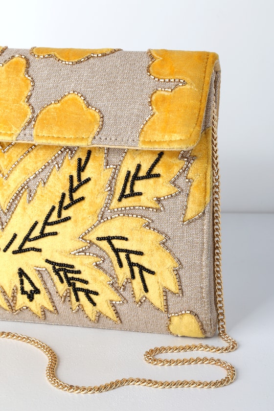 Meadows Beige and Mustard Yellow Velvet Embroidered Clutch
