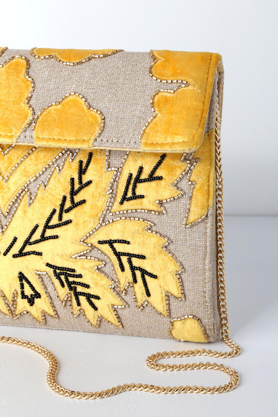 Meadows Beige and Mustard Yellow Velvet Embroidered Clutch 3