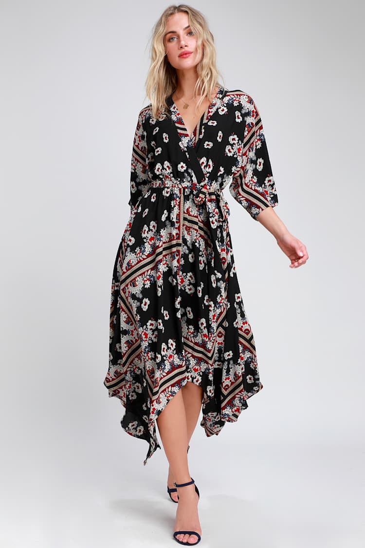 Boho Black Print Dress - Midi Dress - Handkerchief Hem Dress - Lulus