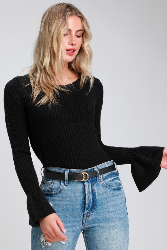 Cute Black Ribbed Top - Flounce Sleeve Top - Ribbed Sweater Top - Lulus