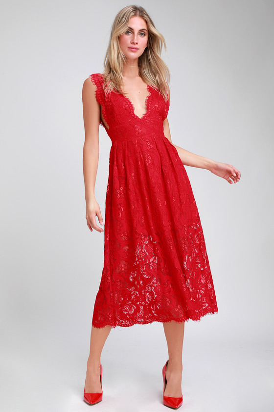 Loft Party Red Lace Sleeveless Midi Dress
