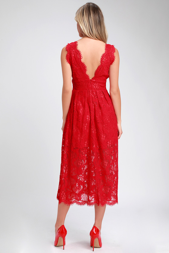 Loft Party Red Lace Sleeveless Midi Dress