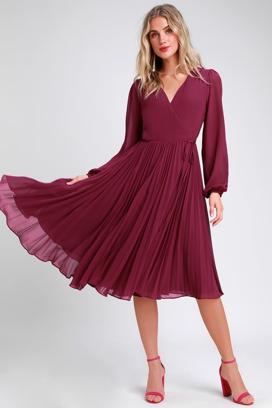 pleated wrap midi dress