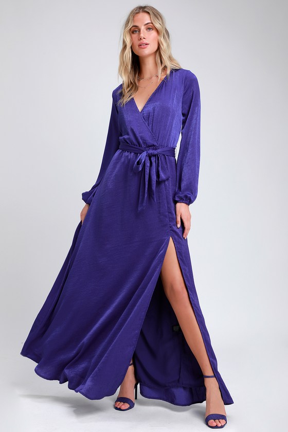 Lovely Royal Blue Dress - Satin Maxi Dress - Long Sleeve Dress - Lulus