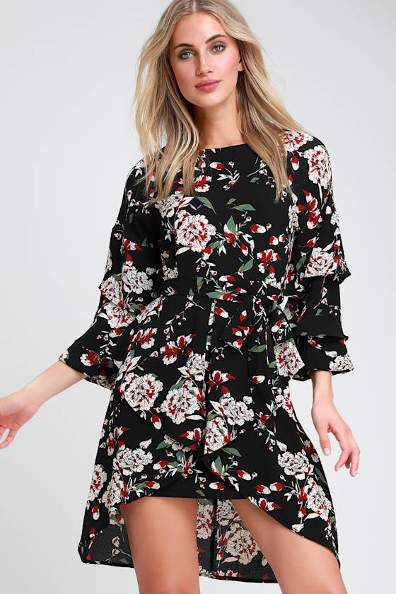 Cute Black Floral Dress - Flounce Sleeve Dress - Ruffled Dress - Lulus