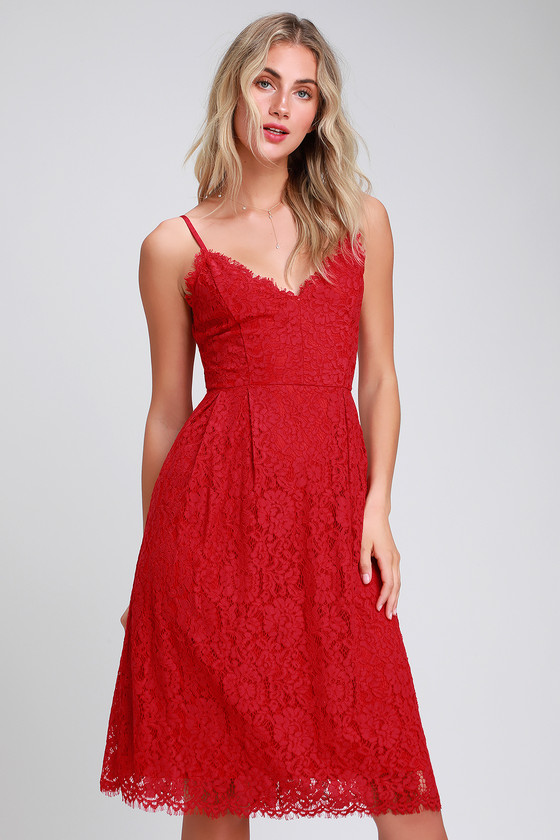 Red lace sales midi dress