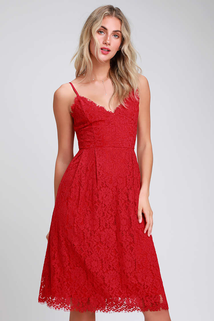 Cute Red Dress - Red Lace Dress - Lace Midi Dress - Skater Dress - Lulus